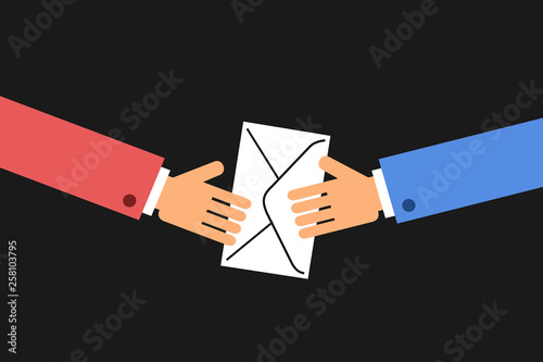 Two men are holding / passing on paper envelope. Vector illustration