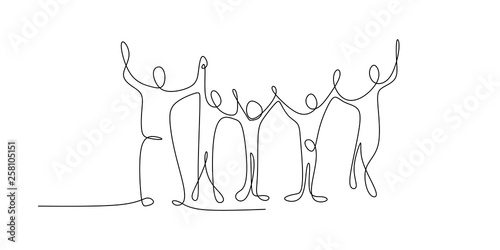 Continuous family line drawings holding hands each other and raising. Success concept theme design.