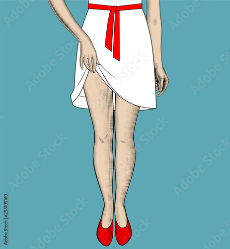 Woman's legs and hands pull the edge of the polka-dot dress. Vector illustration