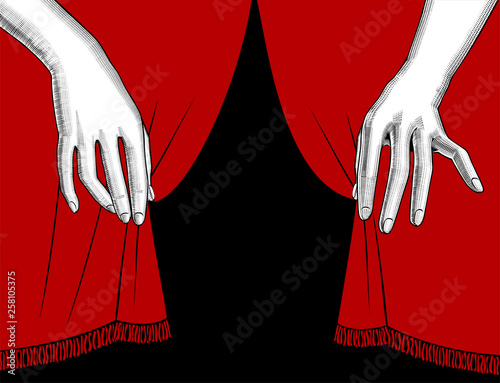 Female hands pulling aside the red curtain on black background