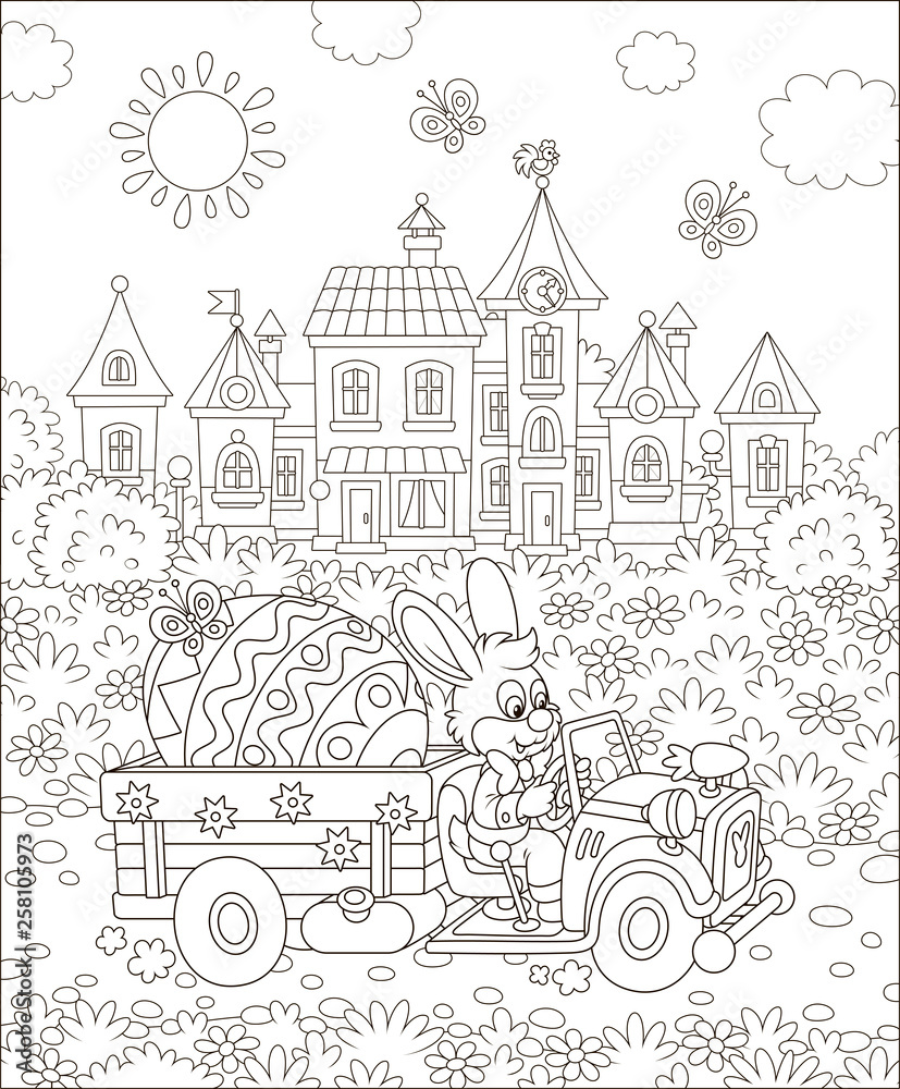 Rabbit driving a small toy truck with a big decorated Easter egg, black and white vector illustration in a cartoon style for a coloring book