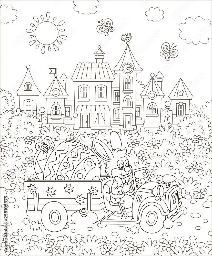 Rabbit driving a small toy truck with a big decorated Easter egg, black and white vector illustration in a cartoon style for a coloring book Rabbit driving a small toy truck with a big decorated Easter egg, black and white vector illustration in a cartoon style for a coloring book