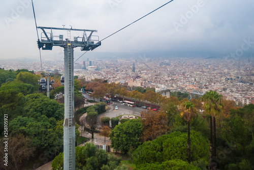 Aerial view of Barcelona taken from the cabin of cableway, Spain