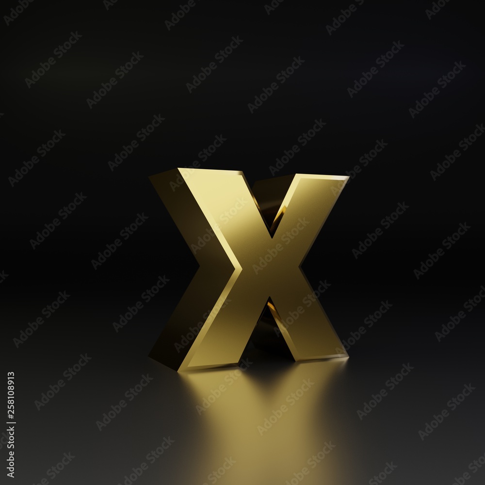 Obraz premium Golden letter X lowercase. 3D render shiny metal font isolated on black background