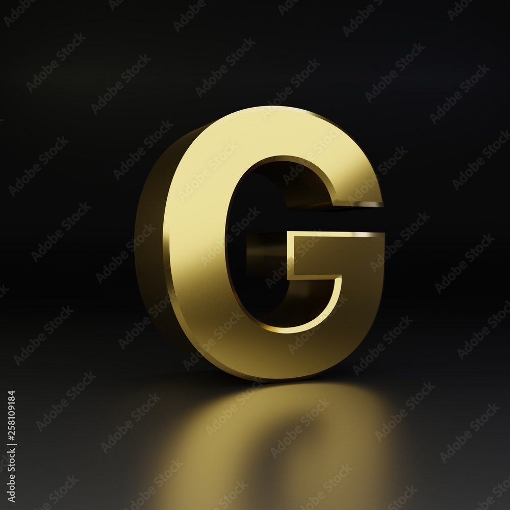 Golden letter G uppercase. 3D render shiny metal font isolated on black background Golden letter G uppercase. 3D render shiny metal font isolated on black background