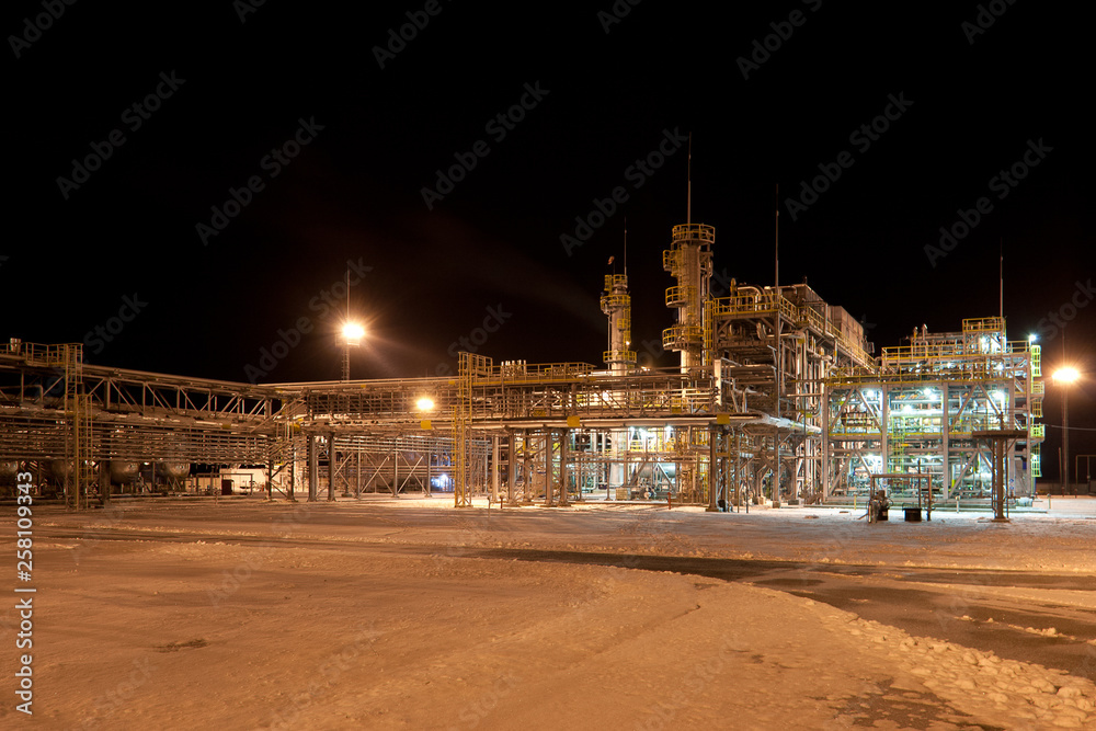 Gas Refinery plant. Winter. Night view. Nobobdy.