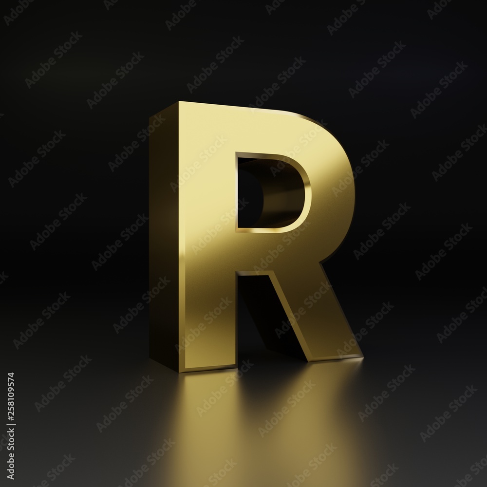 Golden letter R uppercase. 3D render shiny metal font isolated on black background Golden letter R uppercase. 3D render shiny metal font isolated on black background
