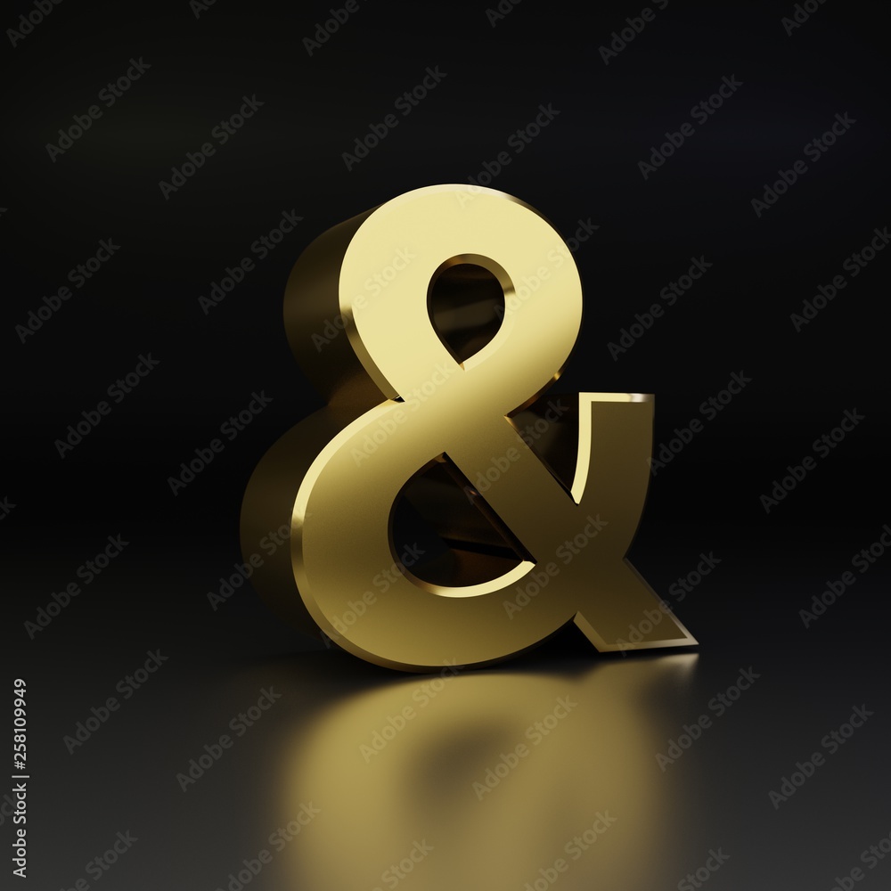 Golden ampersand symbol. 3D render shiny metal font isolated on black background Golden ampersand symbol. 3D render shiny metal font isolated on black background