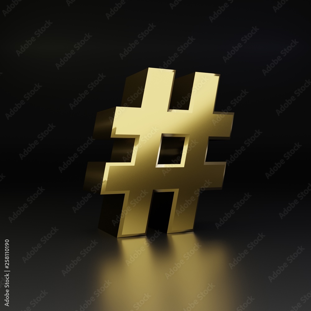 Obraz premium Golden hashtag symbol. 3D render shiny metal font isolated on black background