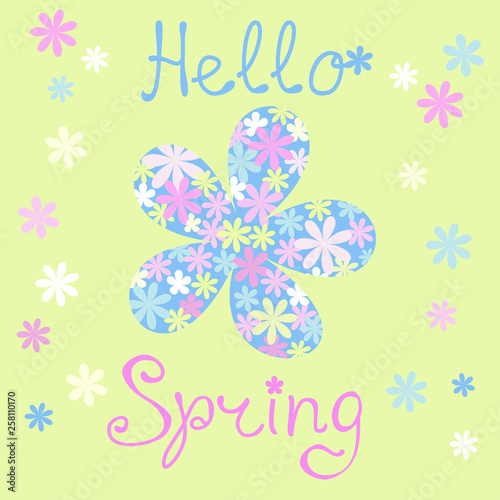 Hello Spring hand sketched logotype with flowers for greeting card, banners, invitation, congratulation cards, gift package, template, flyers