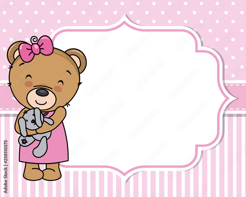 Fototapeta premium Baby girl shower card. Cute bear with teddy. Space for text