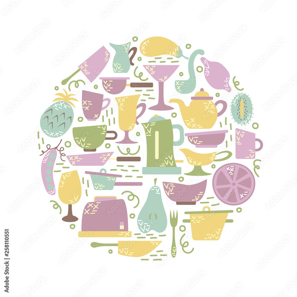 Kitchen appliances in the flat style with doodles. Utensils for cooking. Round shape. Kitchen appliances in the flat style with doodles. Utensils for cooking. Round shape.