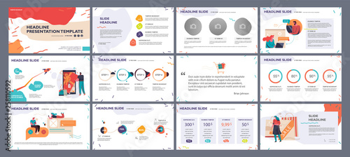 Presentation template, slides with illustrations and infographics in bright colors. Vector graphic elements for reports, marketing, product presentation, projects and services.