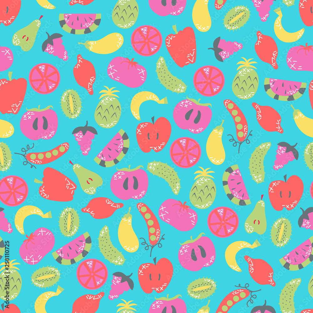 Vegan seamless pattern. Flat fruits and vegetables in cartoon style with doodles. Vegetarian. Vector illustration.