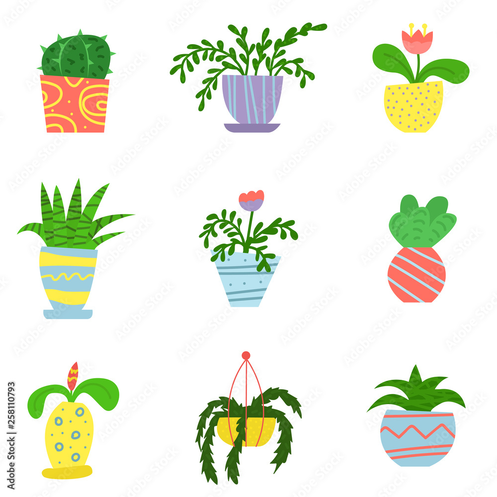 Flat house plants in a cartoon style. Set of flowers in pots. Interior. Vector illustration. Flat house plants in a cartoon style. Set of flowers in pots. Interior. Vector illustration.