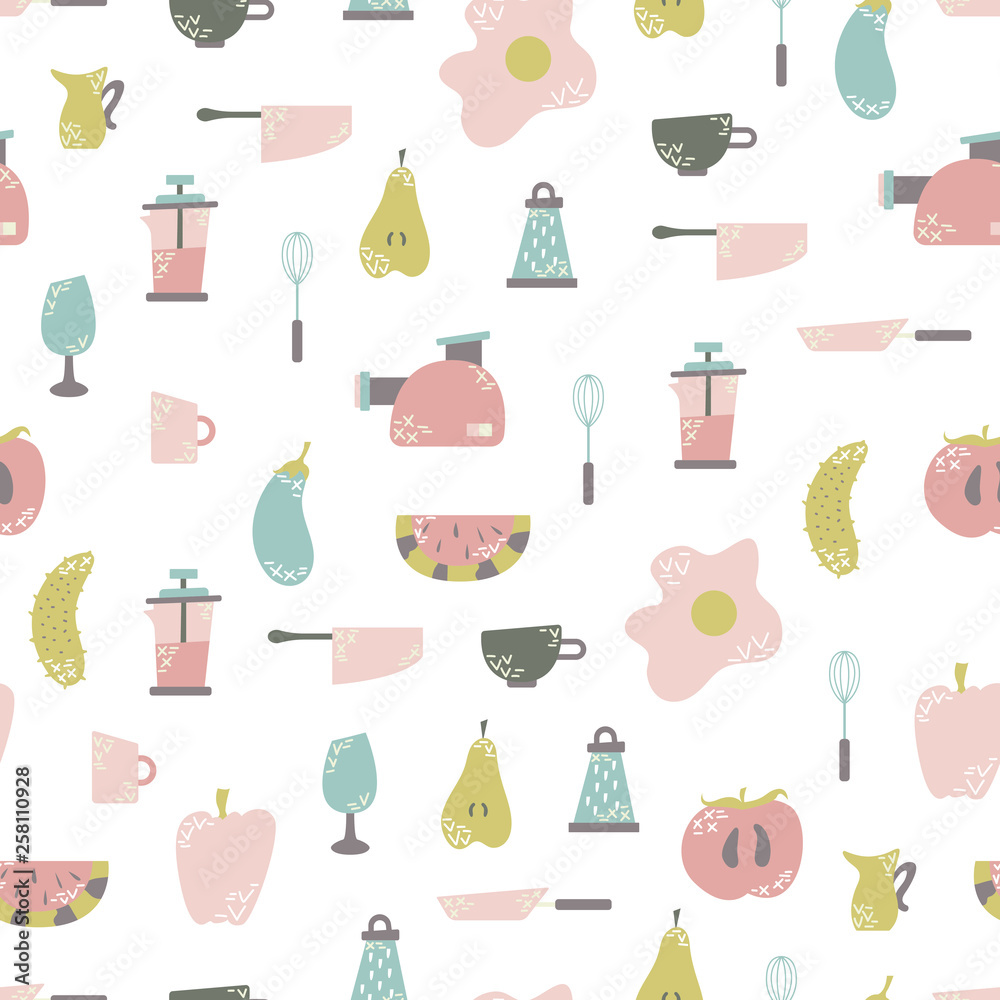 Seamless pattern with kitchen appliances in a flat cartoon style. Background for design. Cooking