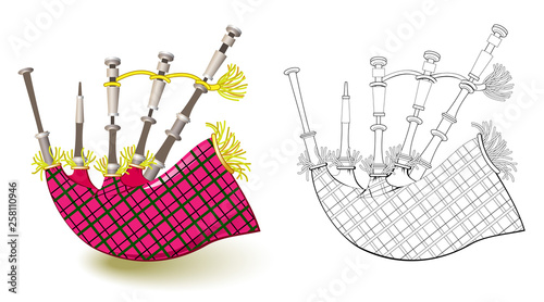 Colorful and black and white pattern for coloring. Fantasy illustration of ancient Scottish folk musical woodwind instrument bagpipes. Printable worksheet for coloring book for children and adults.