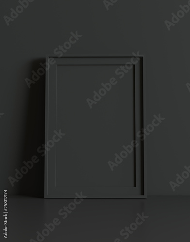Blank picture frame with table and wall background. 3D rendering.