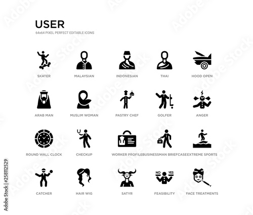 set of 20 black filled vector icons such as face treatments, extreme sports, anger, hood open, feasibility, satyr, arab man, thai, indonesian, malaysian. user black icons collection. editable pixel
