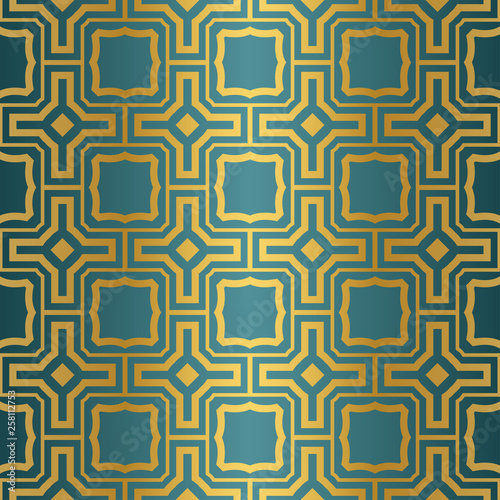 Geometric Seamless Pattern. Modern Ornament. Vector Illustration. For The Interior Design, Wallpaper, Decoration Print, Fill Pages, Invitation Card, Cover Book. blue gold color