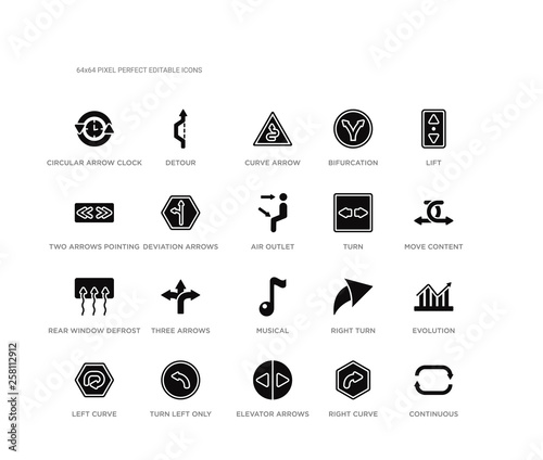 set of 20 black filled vector icons such as continuous, evolution, move content, lift, right curve, elevator arrows, two arrows pointing right and left, bifurcation, curve arrow, detour. ui black