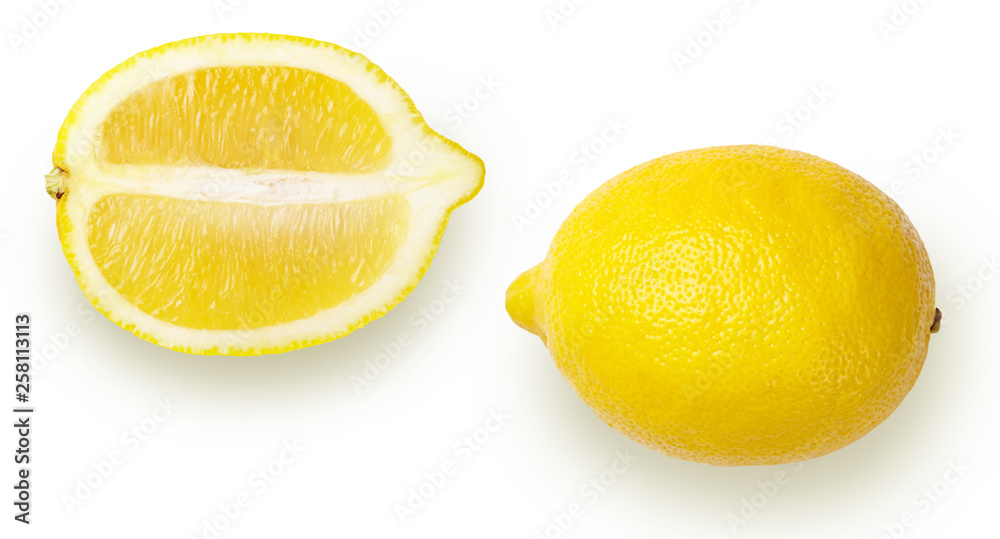 Whole lemon and half of lemon isolated on white background. Top view. Whole lemon and half of lemon isolated on white background. Top view.