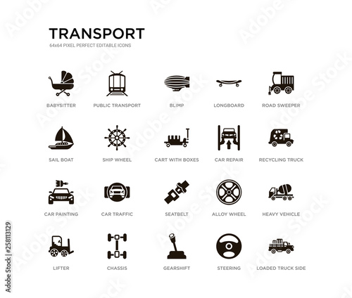 set of 20 black filled vector icons such as loaded truck side view, heavy vehicle, recycling truck, road sweeper, steering, gearshift, sail boat, longboard, blimp, public transport. transport black