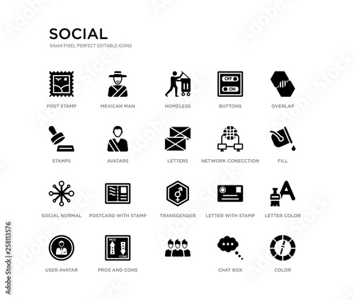 set of 20 black filled vector icons such as color, letter color, fill, overlap, chat box,  , stamps, buttons, homeless, mexican man. social black icons collection. editable pixel perfect