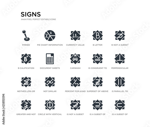 set of 20 black filled vector icons such as is a subset of, is parallel to, perpendicular, is not a subset, a subset of, not b calification, b letter, currency value, pie chart information on money.