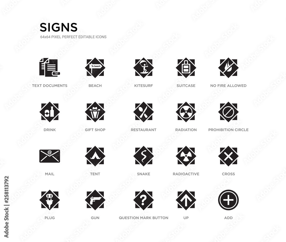 set of 20 black filled vector icons such as add, cross, prohibition circle, no fire allowed, up, question mark button, drink, suitcase, kitesurf, beach. signs black icons collection. editable pixel