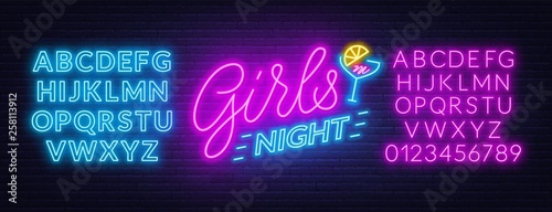 Girls Night neon lettering on brick wall background. Light alphabet. Template for invitation, poster, etc.