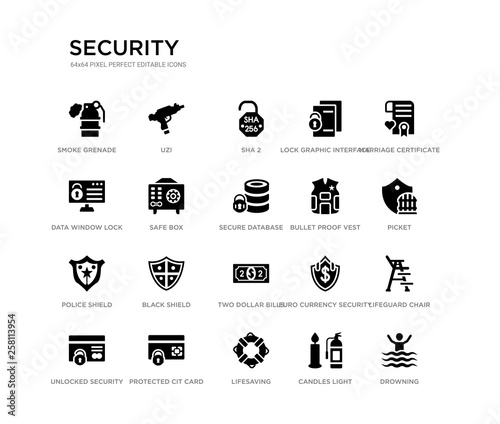 set of 20 black filled vector icons such as drowning, lifeguard chair, picket, marriage certificate, candles light, lifesaving, data window lock, lock graphic interface security, sha 2, uzi.
