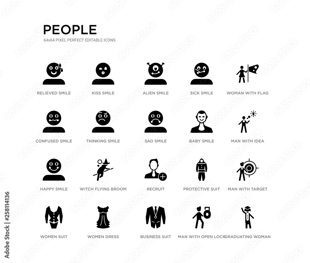 set of 20 black filled vector icons such as graduating woman, man with target, man with idea, woman with flag, man open lock, business suit, confused smile, sick smile, alien smile, kiss people set of 20 black filled vector icons such as graduating woman, man with target, man with idea, woman with flag, man open lock, business suit, confused smile, sick smile, alien smile, kiss people