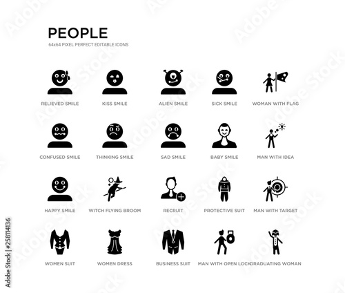 set of 20 black filled vector icons such as graduating woman, man with target, man with idea, woman with flag, man open lock, business suit, confused smile, sick smile, alien smile, kiss people © Meth Mehr