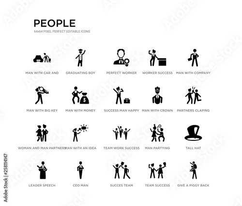 set of 20 black filled vector icons such as give a piggy back ride, tall hat, partners claping hands, man with company, team success, succes team, man with big key, worker success, perfect worker, © Meth Mehr