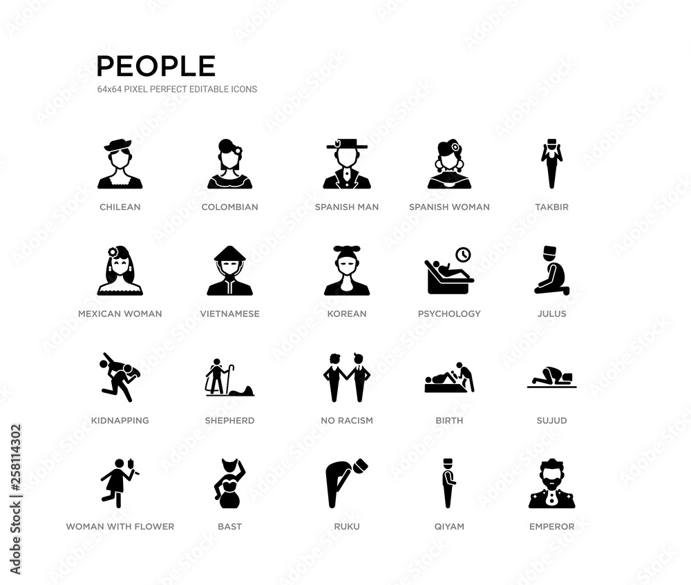 set of 20 black filled vector icons such as emperor, sujud, julus, takbir, qiyam, ruku, mexican woman, spanish woman, spanish man, colombian. people black icons collection. editable pixel perfect