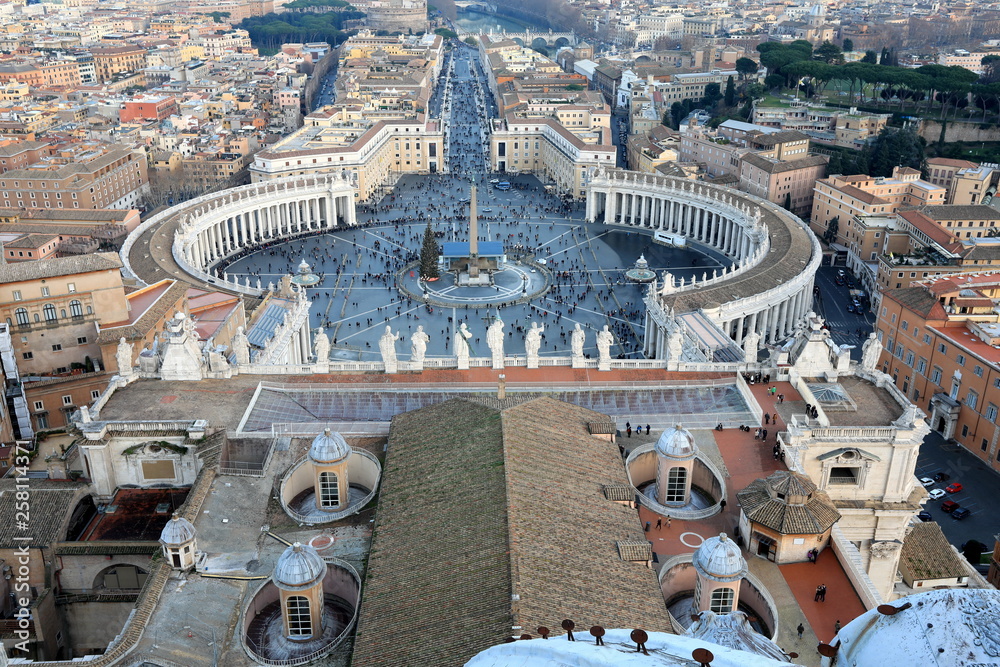 View of St. Peter's Square in Vatican and Rome from the top of Michelangelo's dome