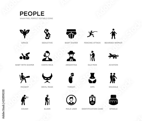 set of 20 black filled vector icons such as spindle, snuggle, aviation, bearded woman, identification card with picture, male user, baby with diaper, fencing attack, baby diaper, seductive. people © Meth Mehr