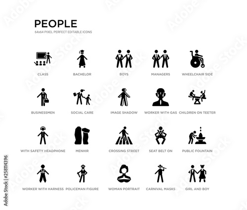 set of 20 black filled vector icons such as girl and boy, public fountain, children on teeter totter, wheelchair side view, carnival masks, woman portrait, businessmen, managers, boys, bachelor.