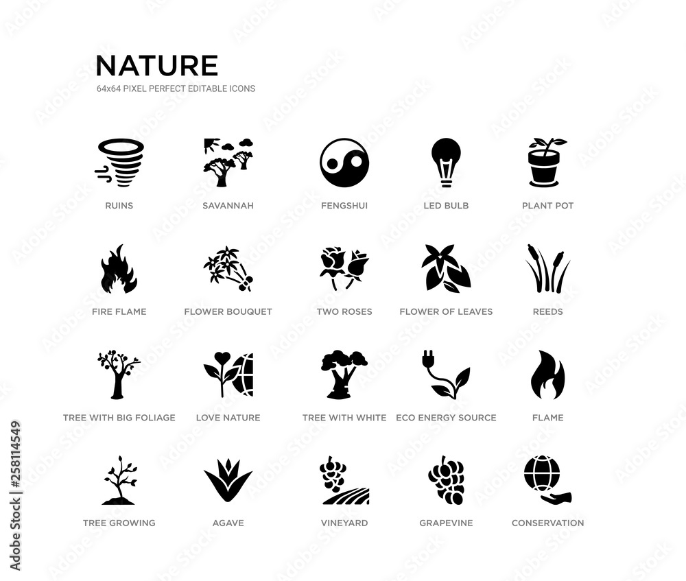 set of 20 black filled vector icons such as conservation, flame, reeds, plant pot, grapevine, vineyard, fire flame, led bulb, fengshui, savannah. nature black icons collection. editable pixel