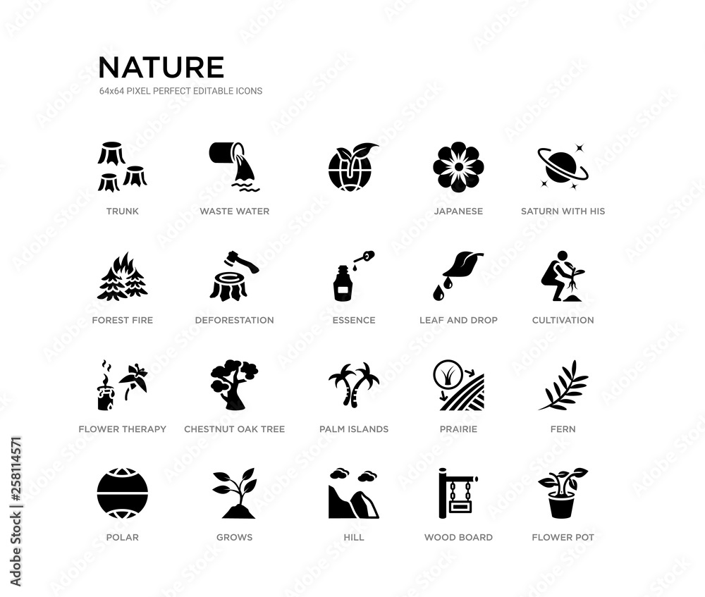 set of 20 black filled vector icons such as flower pot, fern, cultivation, saturn with his ring, wood board, hill, forest fire, japanese, , waste water. nature black icons collection. editable set of 20 black filled vector icons such as flower pot, fern, cultivation, saturn with his ring, wood board, hill, forest fire, japanese, , waste water. nature black icons collection. editable