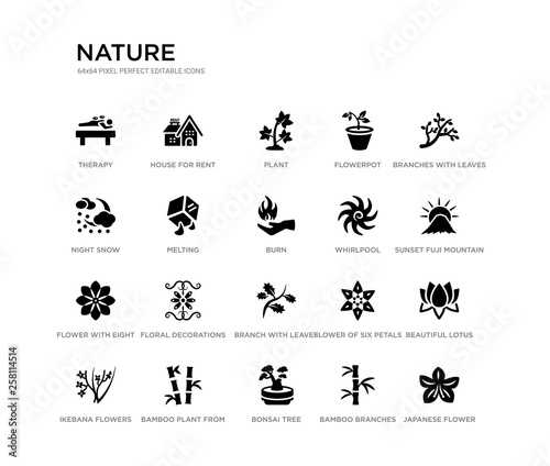 set of 20 black filled vector icons such as japanese flower, beautiful lotus flower, sunset fuji mountain, branches with leaves, bamboo branches, bonsai tree, night snow, flowerpot, plant, house for © Meth Mehr