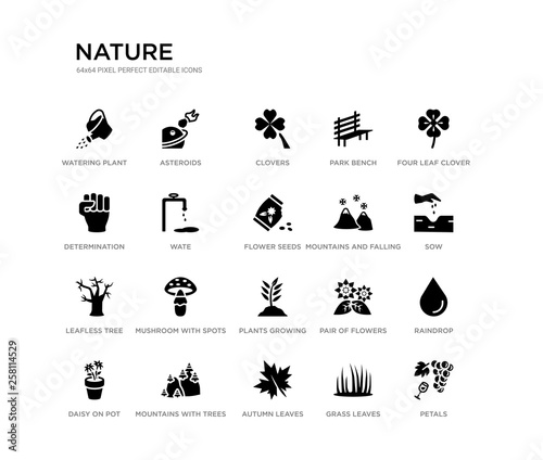 Fototapeta Naklejka Na Ścianę i Meble -  set of 20 black filled vector icons such as petals, raindrop, sow, four leaf clover, grass leaves, autumn leaves, determination, park bench, clovers, asteroids. nature black icons collection.