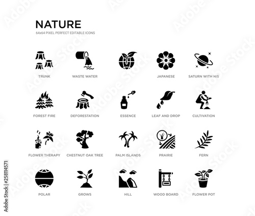 set of 20 black filled vector icons such as flower pot, fern, cultivation, saturn with his ring, wood board, hill, forest fire, japanese,  , waste water. nature black icons collection. editable © Meth Mehr