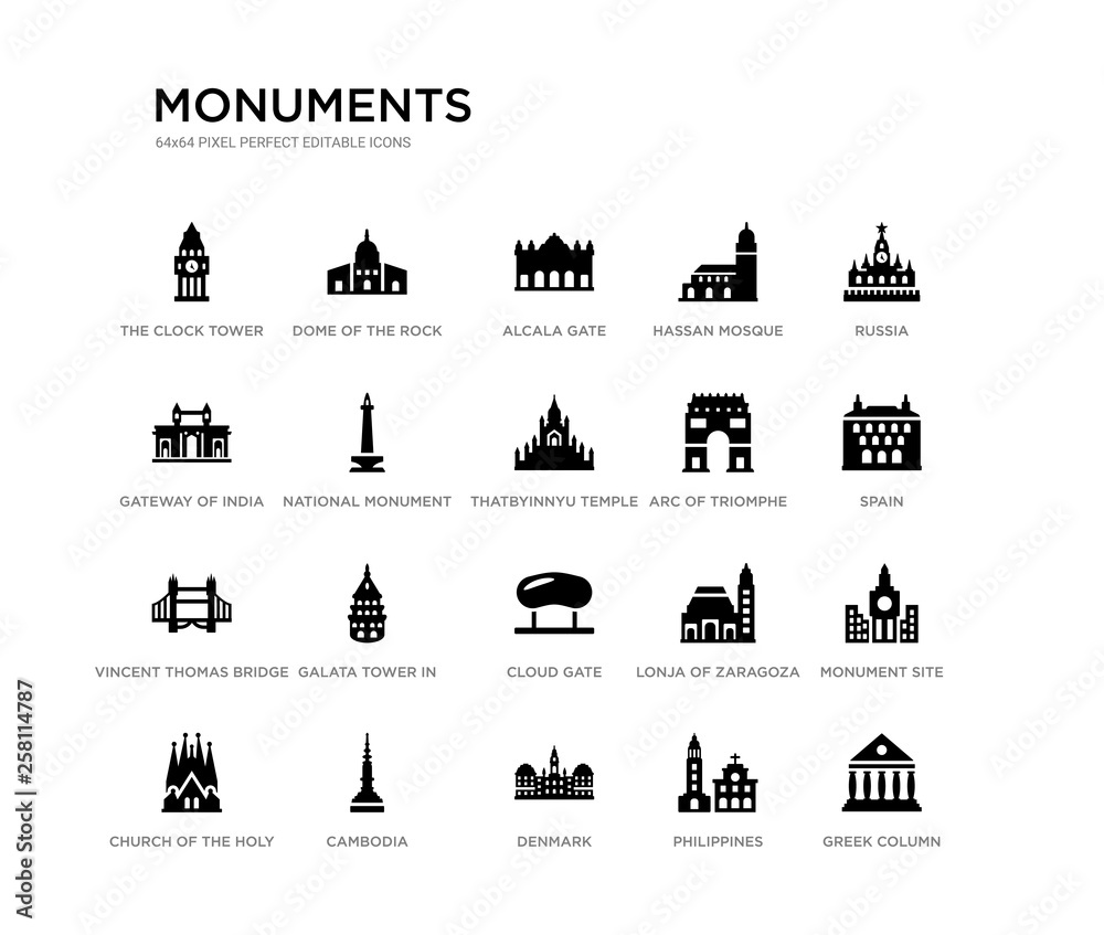set of 20 black filled vector icons such as greek column, monument site, spain, russia, philippines, denmark, gateway of india, hassan mosque, alcala gate, dome of the rock. monuments black icons