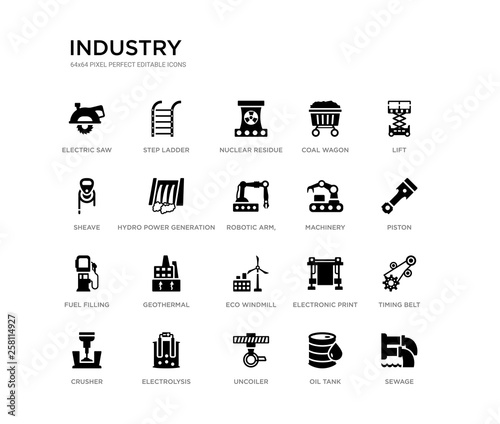 set of 20 black filled vector icons such as sewage, timing belt, piston, lift, oil tank, uncoiler, sheave, coal wagon, nuclear residue, step ladder. industry black icons collection. editable pixel