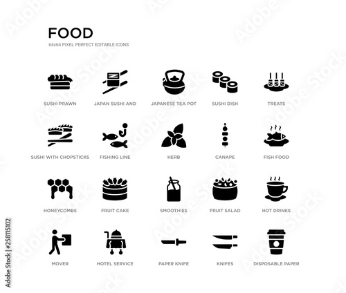 set of 20 black filled vector icons such as disposable paper cup, hot drinks, fish food, treats, knifes, paper knife, sushi with chopsticks from japan, sushi dish, japanese tea pot, japan sushi and