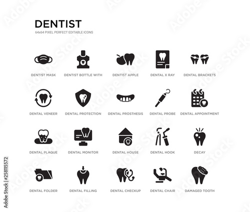 set of 20 black filled vector icons such as damaged tooth, decay, dental appointment, dental brackets, dental chair, checkup, veneer, x ray, dentist apple, dentist bottle with liquid. dentist black