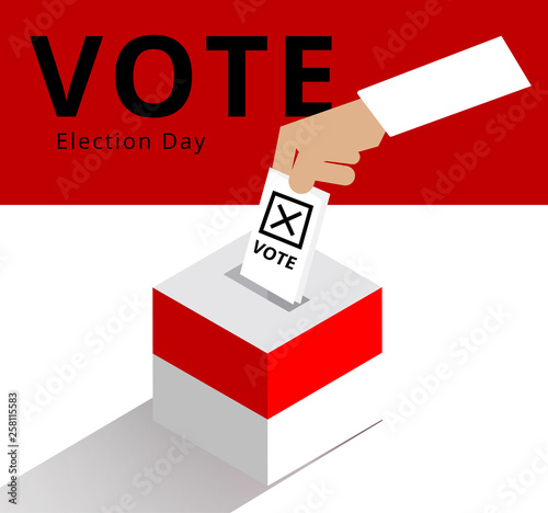Hand of Eligible voter or constituency dropping ballots in the election box with national flag patterns, Indonesian hand drop the card with Ballot cross for vote into the case, politics vector