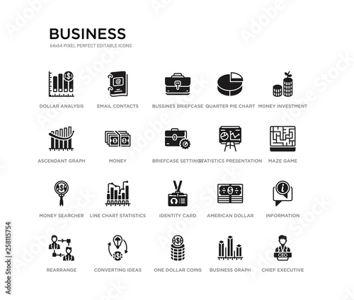 set of 20 black filled vector icons such as chief executive officer, information, maze game, money investment, business graph, one dollar coins, ascendant graph, quarter pie chart, bussines